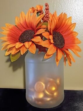Orange Sunflower Arrangement in Frosted Glass Vase